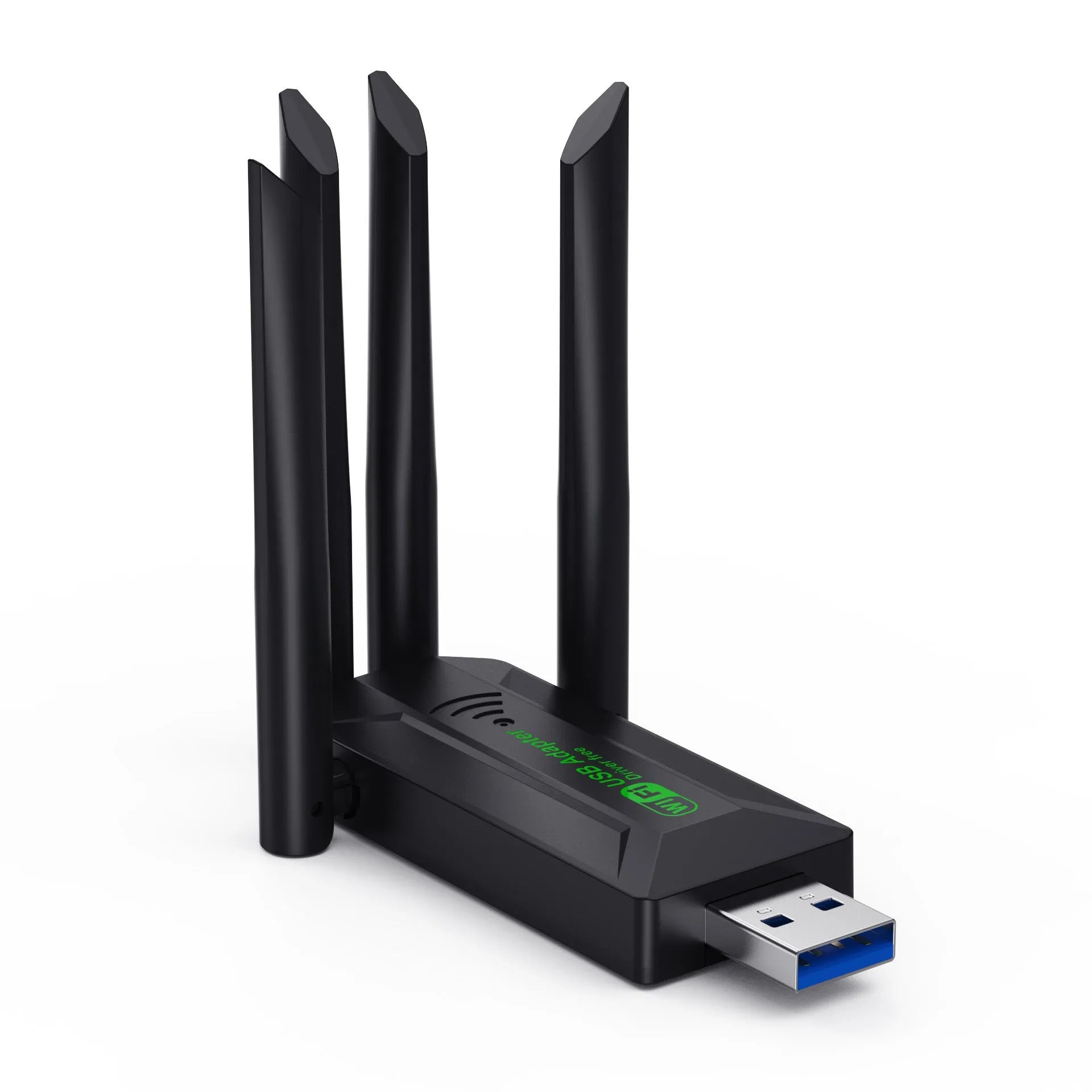 Black USB network transmitter with four adjustable antennas for computer wireless signal enhancement