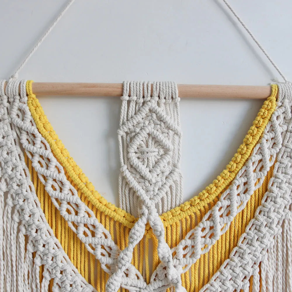 Hand-made creamy white and yellow cotton woven wall tapestry, rectangle 120cm by 95cm.