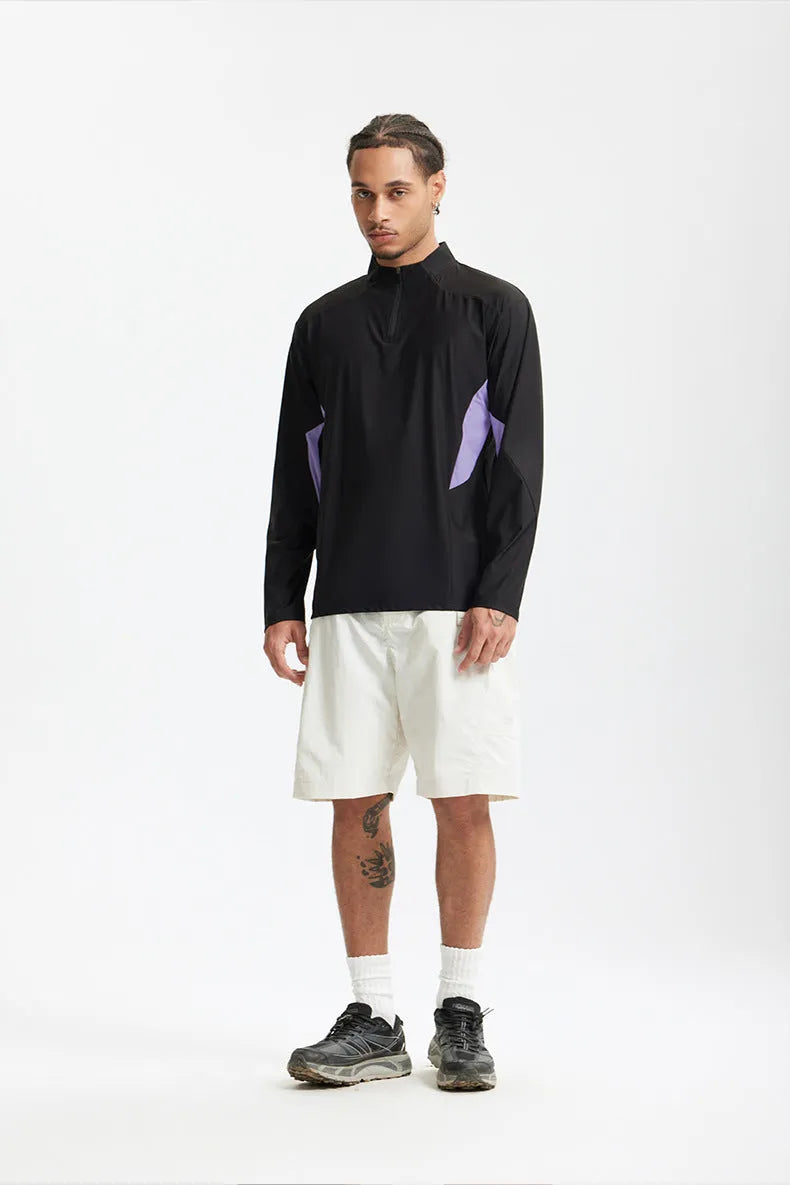 Men's solid colour lightweight polyester casual top shown in black and beige with both sleeve length options.