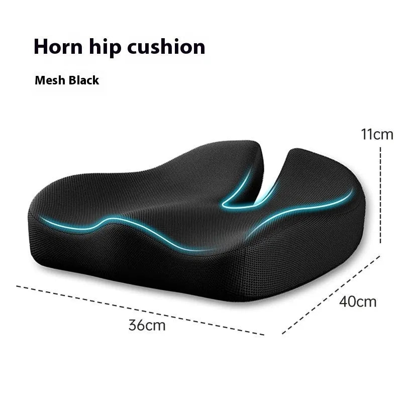 Memory foam office chair cushion in dark grey measuring 36x40x11cm with waist support contour