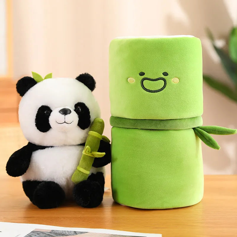 Panda plush doll holding bamboo shoots in bamboo tube design with PP cotton filling