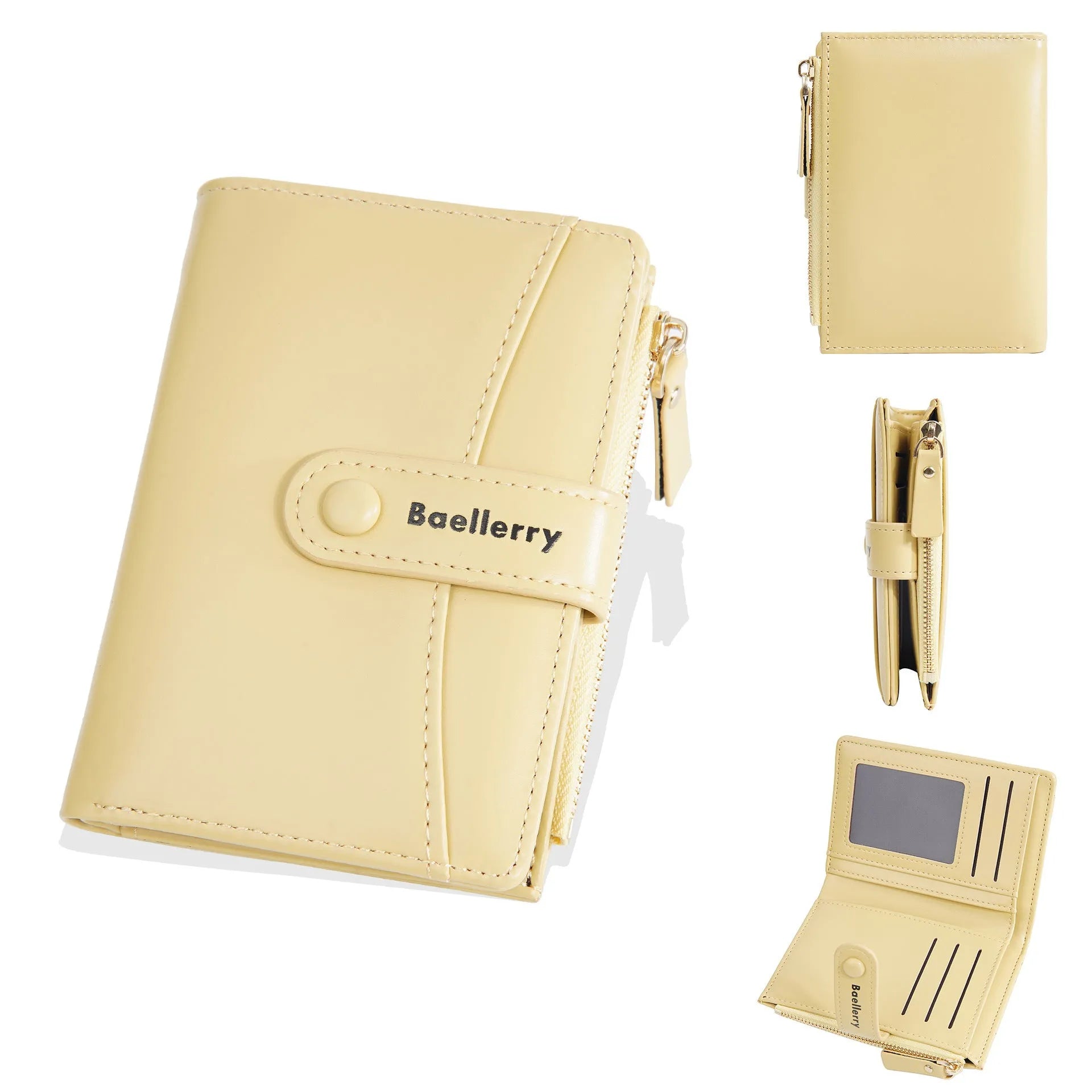 Women's short PU wallet in apricot colour showing compact design with card slots.