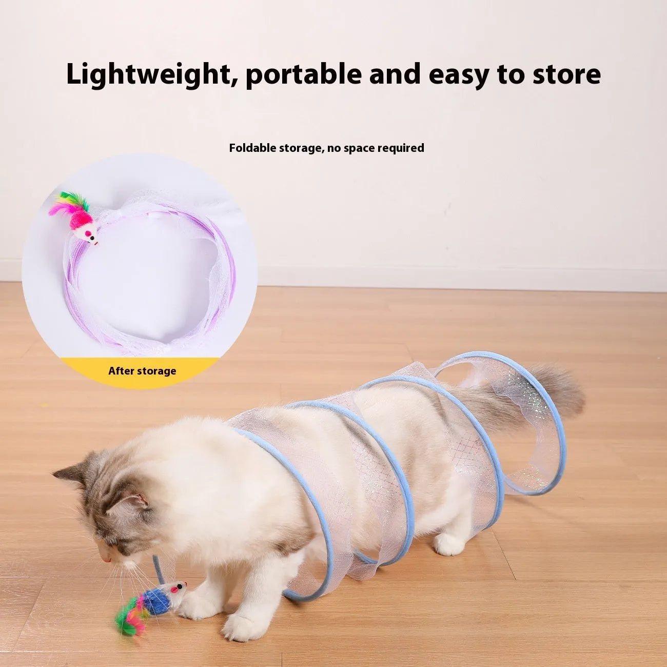 S-type cat tunnel toy with steel wire frame, elastic net mesh walls and feather attachments