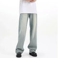 Blue loose-fit retro men's trousers with an elastic waistband, made from rabbit fur fabric.
