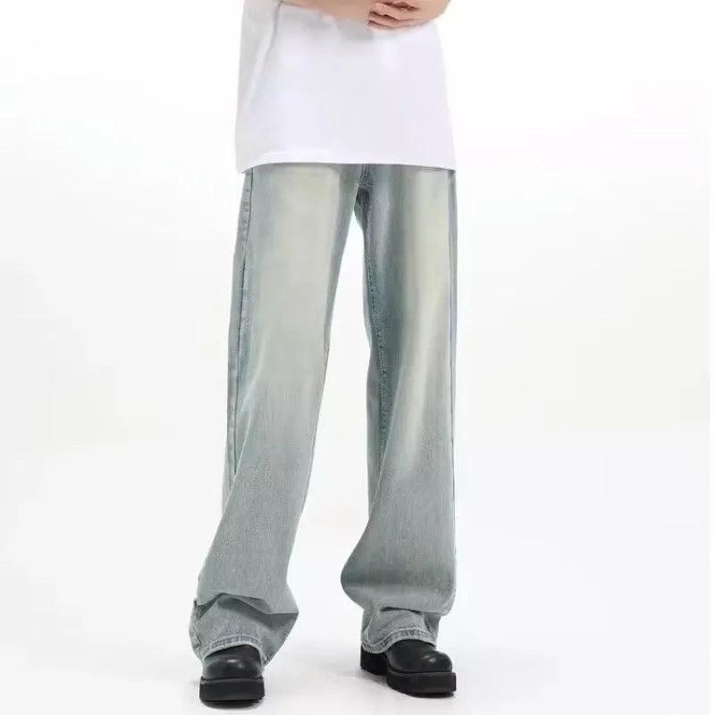 Blue loose-fit retro men's trousers with an elastic waistband, made from rabbit fur fabric.