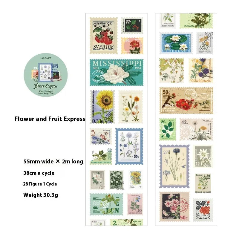 Roll of 55mm wide, 2m long coated paper stamp sticker tape in a retro pattern for journal decoration.