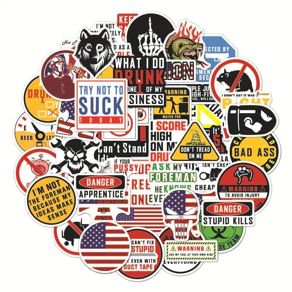 Waterproof warning slogan stickers for motorcycle helmets and skateboards, 50 pack