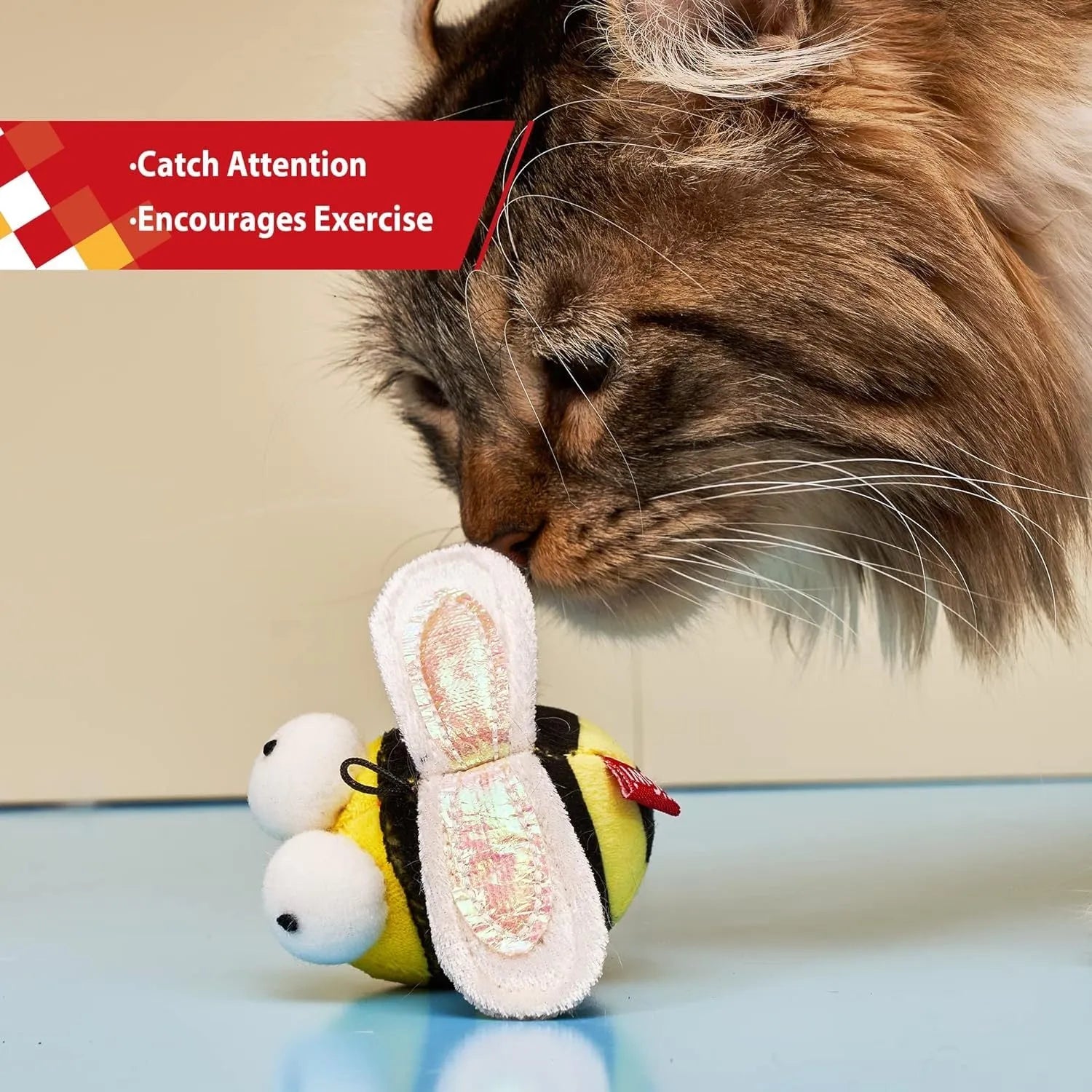 Yellow flannelette bee-shaped electronic cat toy with motion-activated chirping sound.