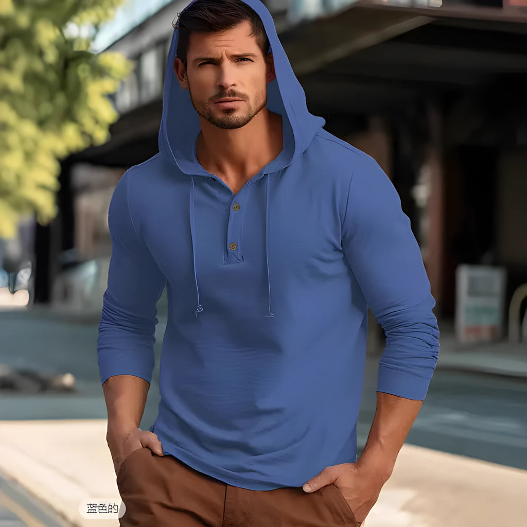 Men's cotton pullover hoodie in dark blue colour with long sleeves and relaxed fit