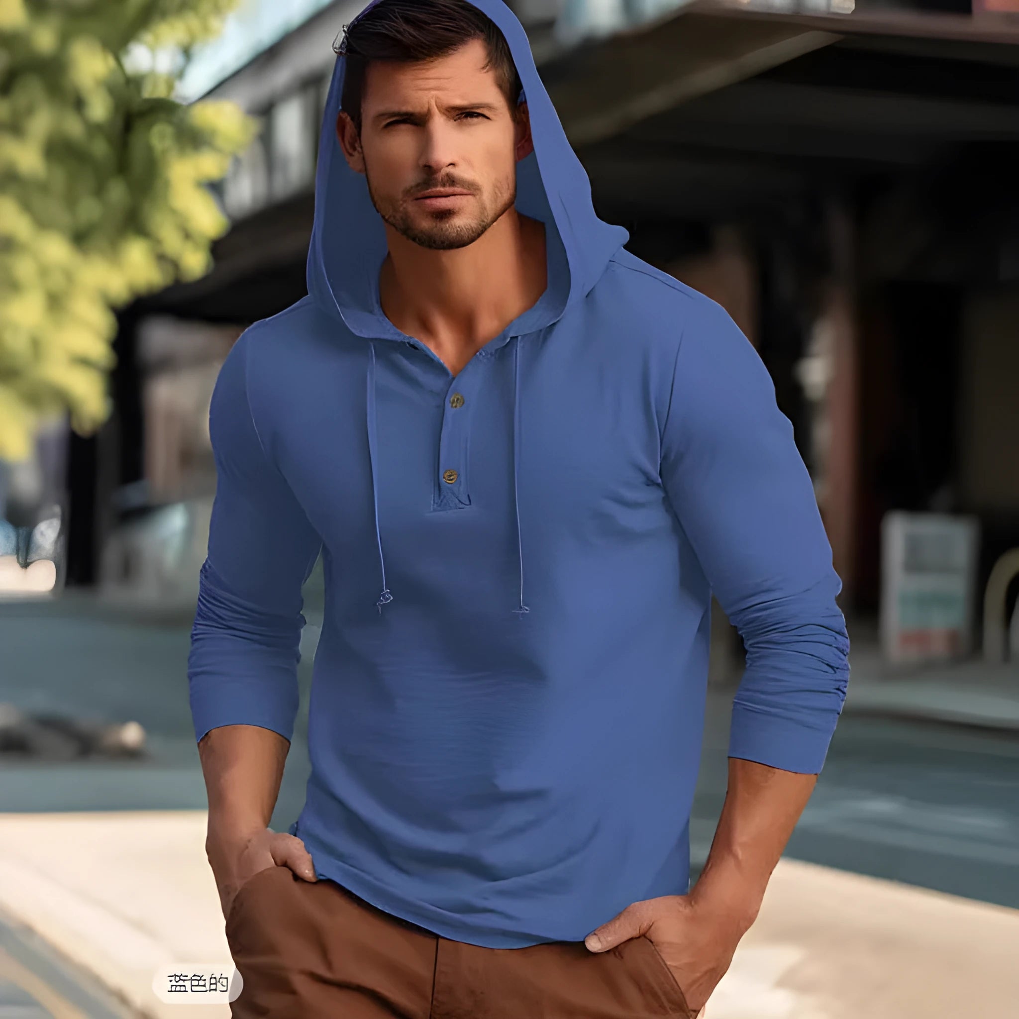 Men's cotton pullover hoodie in dark blue colour with long sleeves and relaxed fit