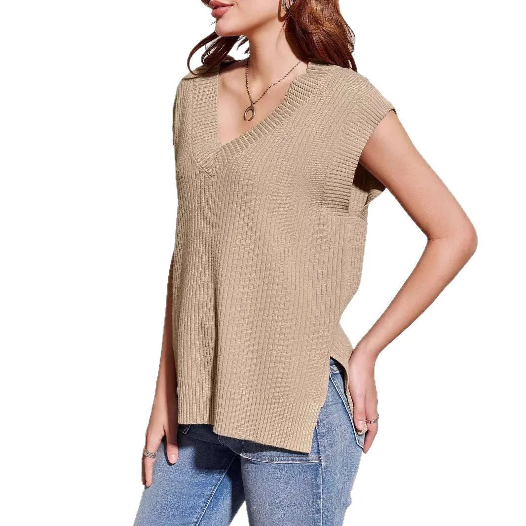 Women's v-neck sleeveless loose vest in camel colour with folding design details