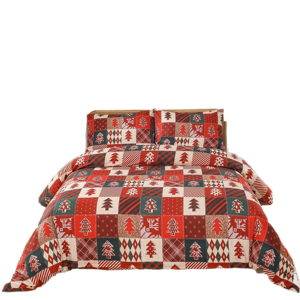 Christmas red plaid pattern bedding three-piece set with quilt cover and pillowcases