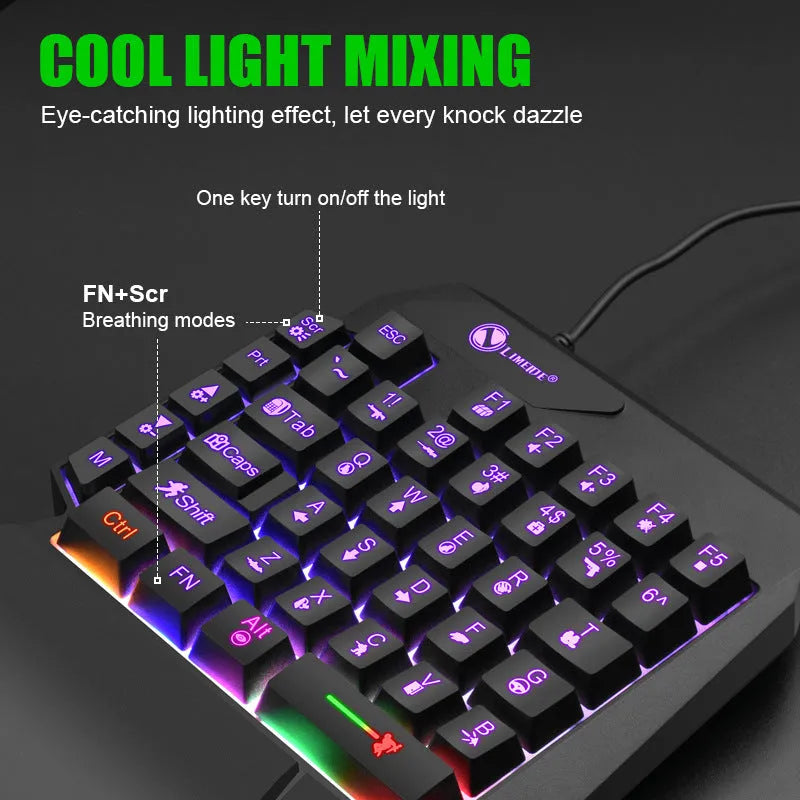 GK103S one-handed luminous mechanical gaming keyboard with backlit keys on a desk.