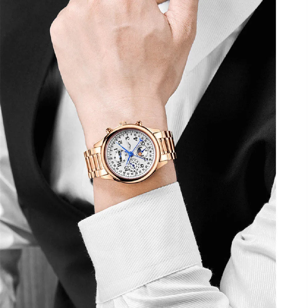 Men's black dial perpetual calendar watch with leather strap showing moon phase display