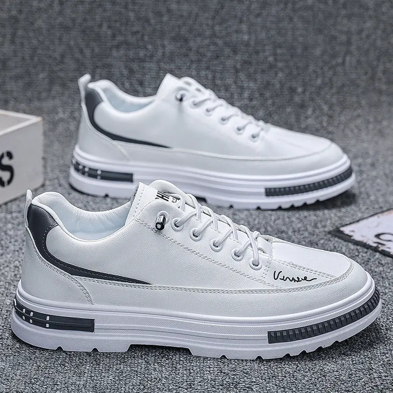 Men's white low-top platform sneakers with round toe and elastic band design on a plain background.
