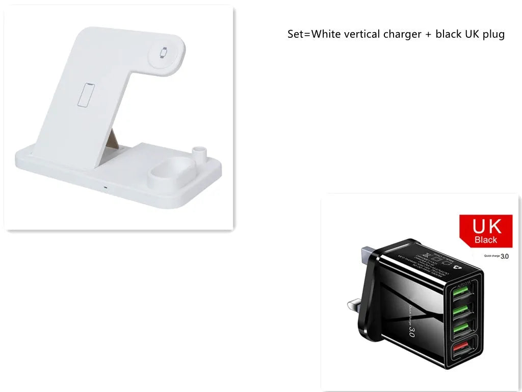 Black 4-in-1 wireless charger with magnetic phone stand charging an iPhone, Apple Watch, and AirPods.