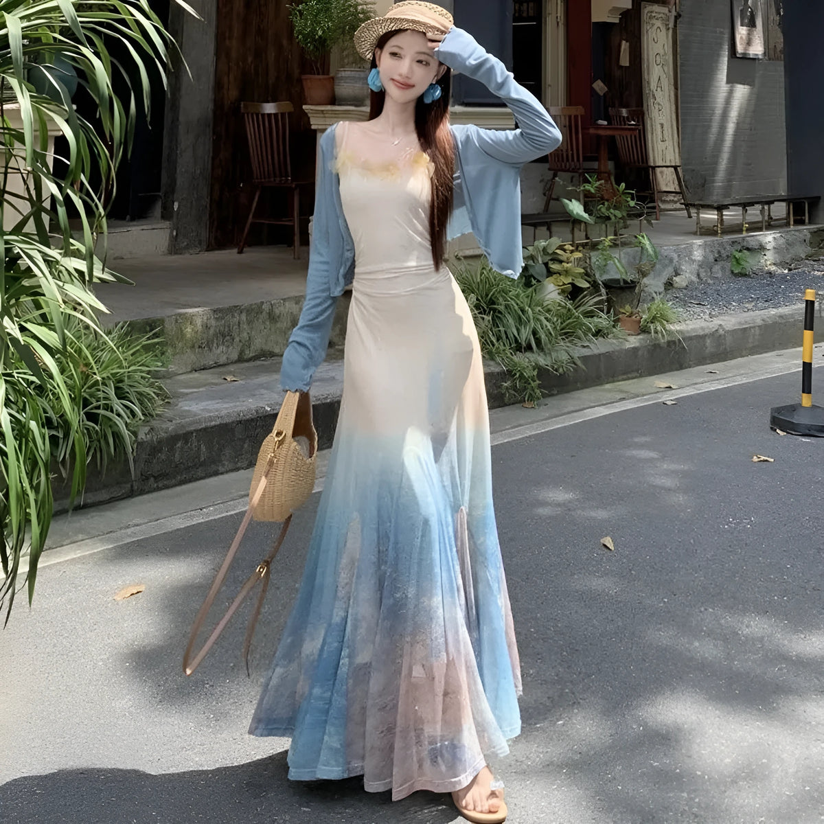 High waist fishtail midi dress with sleeveless cut, princess sleeves, and suspender dress styling in spandex, sizes S M L.