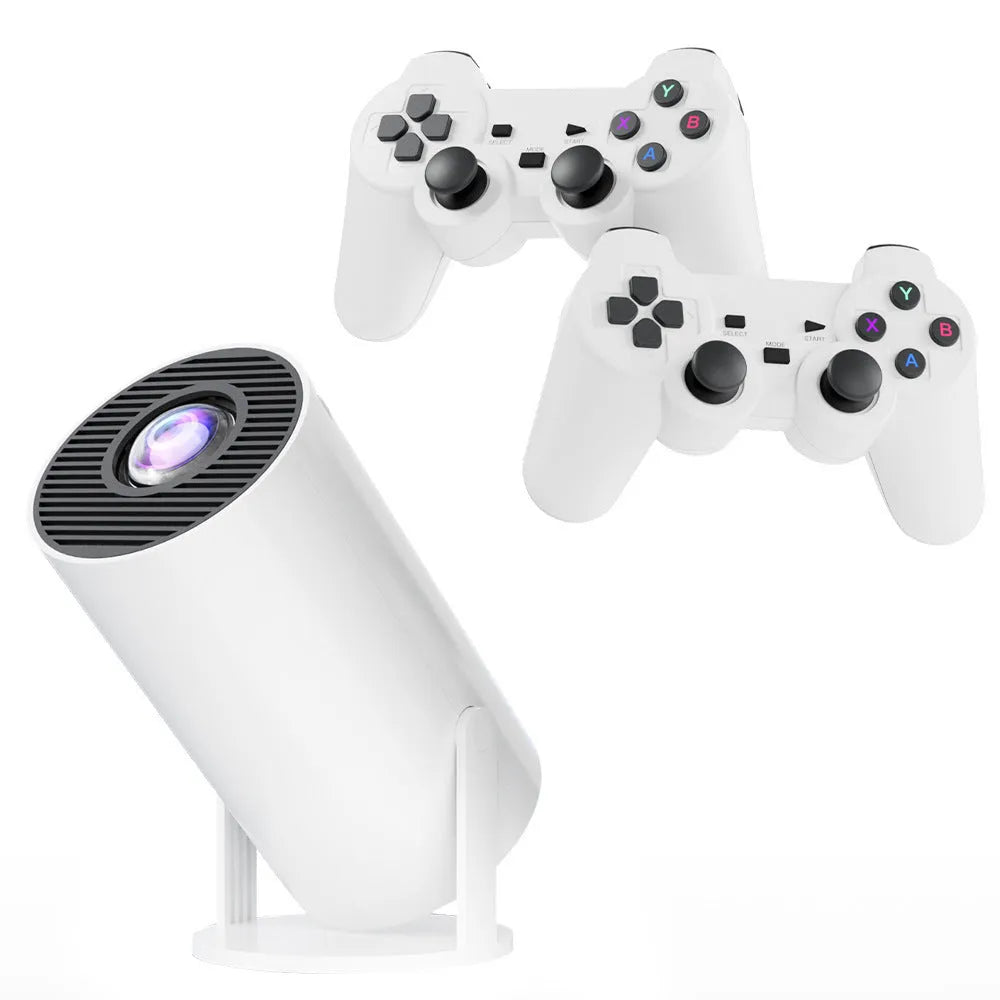 M300MAX portable projection game machine with handles in red or white packing box showing 720p HD resolution specification