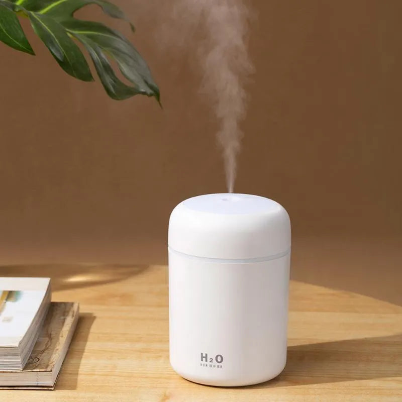 Pink, white or navy blue USB mini humidifier with 300ml tank and colourful lights on desk