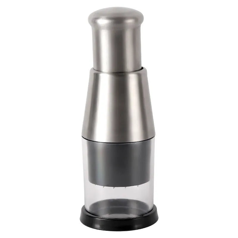 Manual garlic press and onion chopper kitchen gadget with stainless steel blades, shown in modern simplicity style.