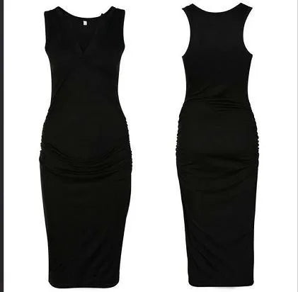 Sleeveless deep V-neck maternity dress in solid black or grey polyester for casual pregnancy wear