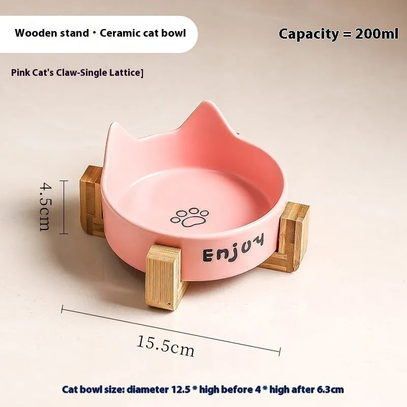 Porcelain cat food and water bowl set with wooden anti-tumble frame in various colours