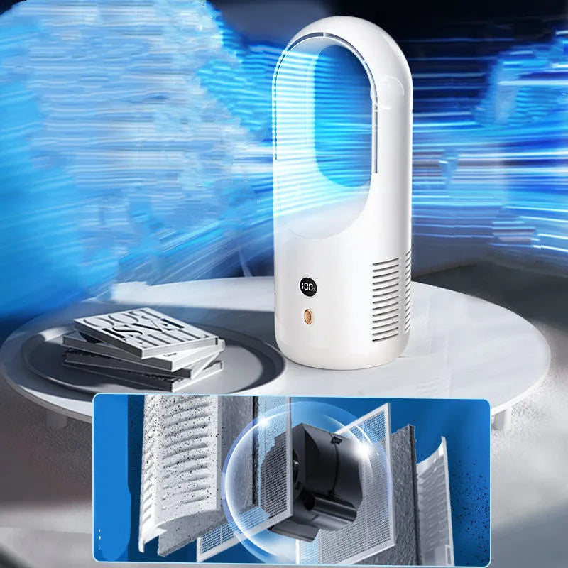 White USB rechargeable bladeless desktop fan with LED display on a wooden desk.