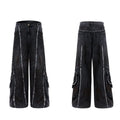 Black denim coat and trouser set with distressed raw edges and a splash-dye gradient pattern.