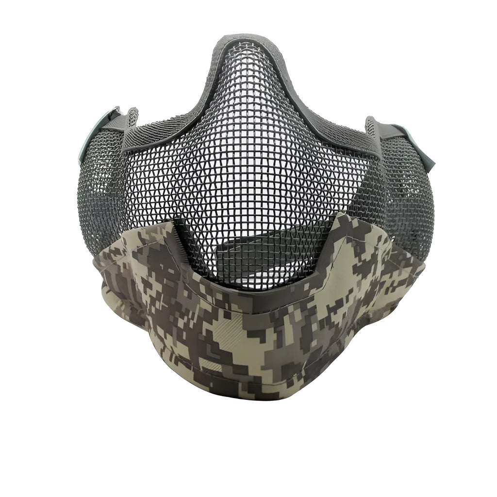 Carbon steel mesh protective face mask with head strap in camouflage pattern.