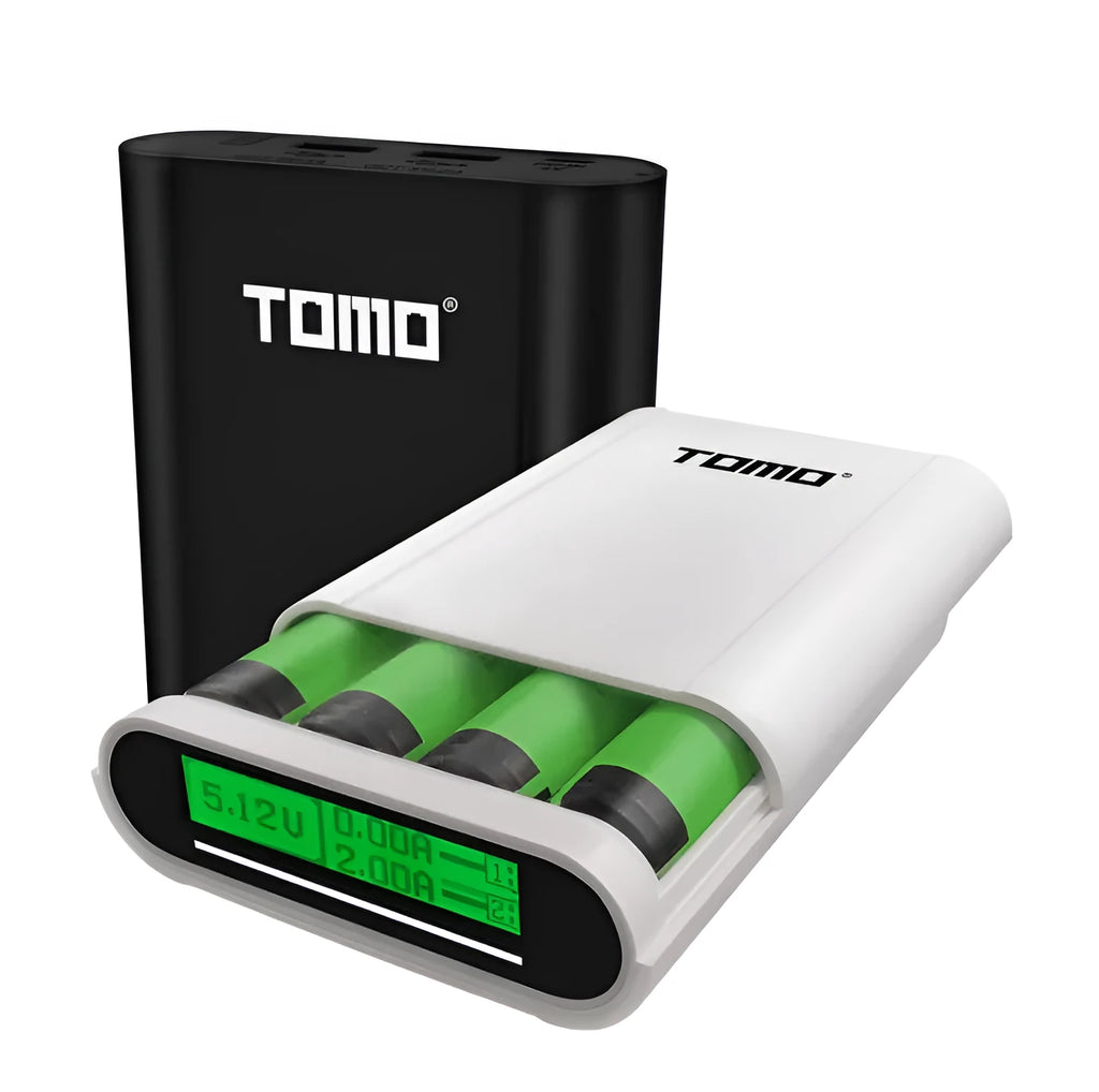 Black DIY mobile power box with LCD screen showing battery levels and dual USB ports.
