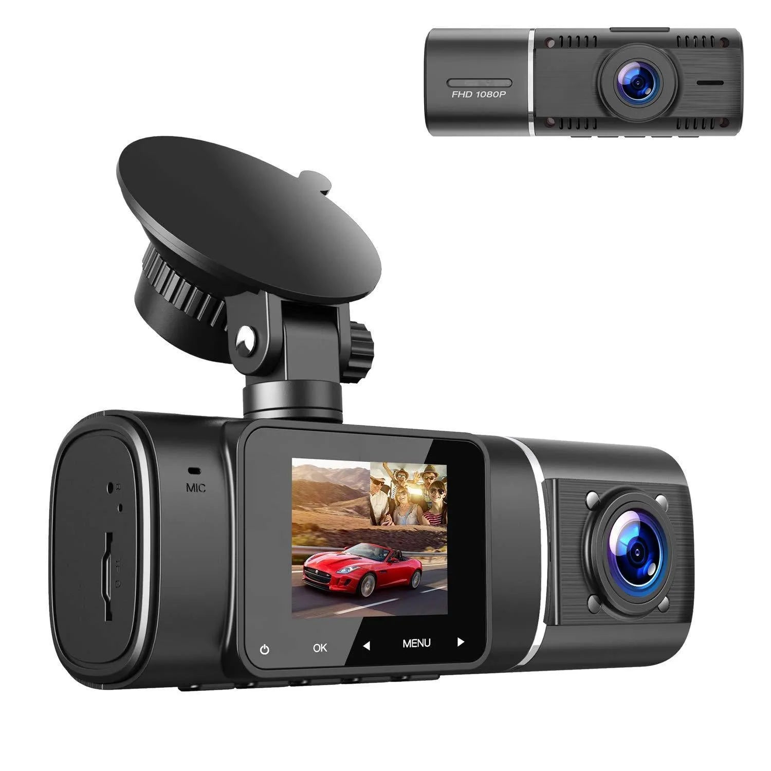 Black car dashcam on stand with 1.5-inch screen for front and rear recording.