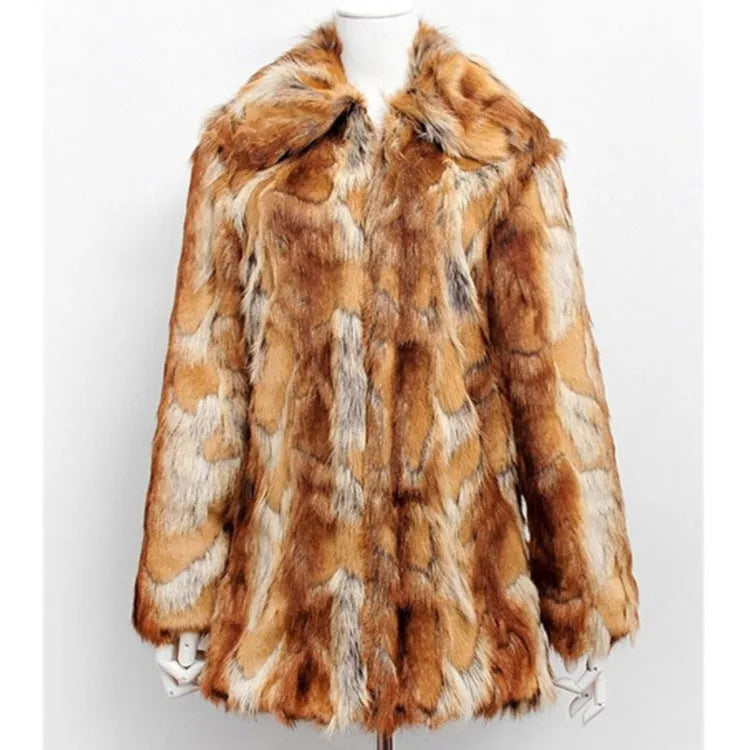 Women's slim leather-style jacket in black and orange tiger pattern faux fur with long sleeves.