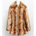 Women's slim leather-style jacket in black and orange tiger pattern faux fur with long sleeves.