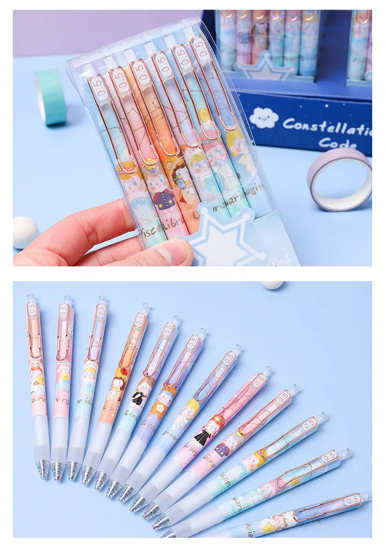 Set of six constellation-themed press gel pens with 0.5mm tips and cartoon zodiac designs.