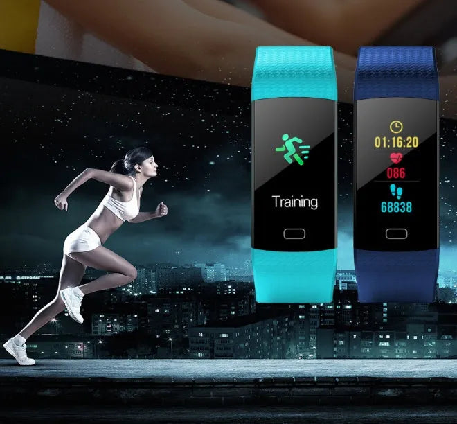 Smart band watch with colour screen and heart rate monitor on wrist, black strap