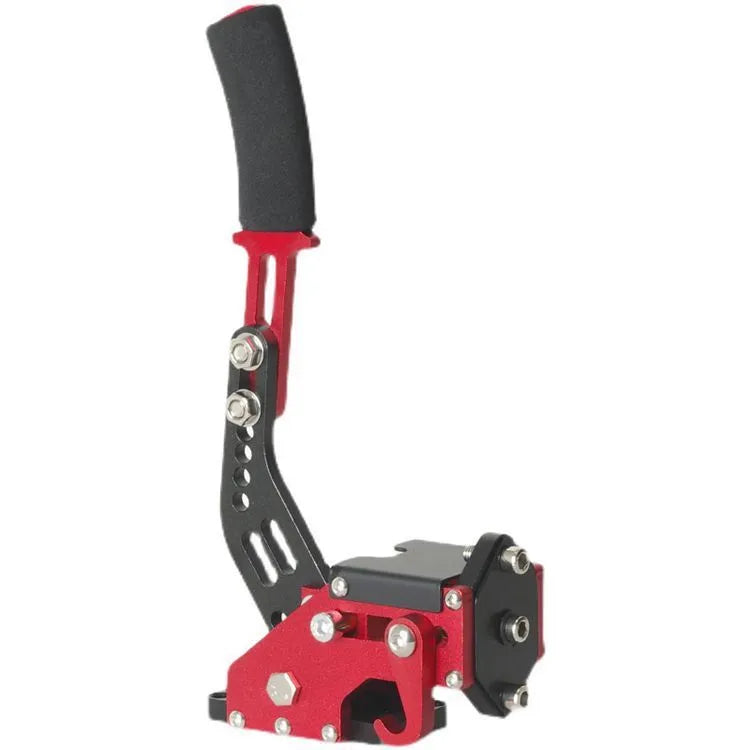 Linear handbrake for PC sim racing in red, black, or blue, compatible with Logitech and Thrustmaster wheels.