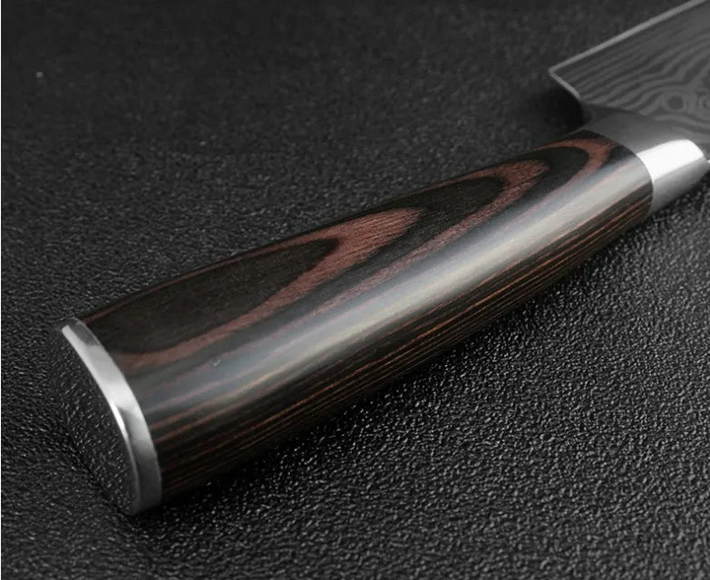 Kitchen knife set with 7Cr17 steel blades showing laser Damascus patterns and coloured wood handles