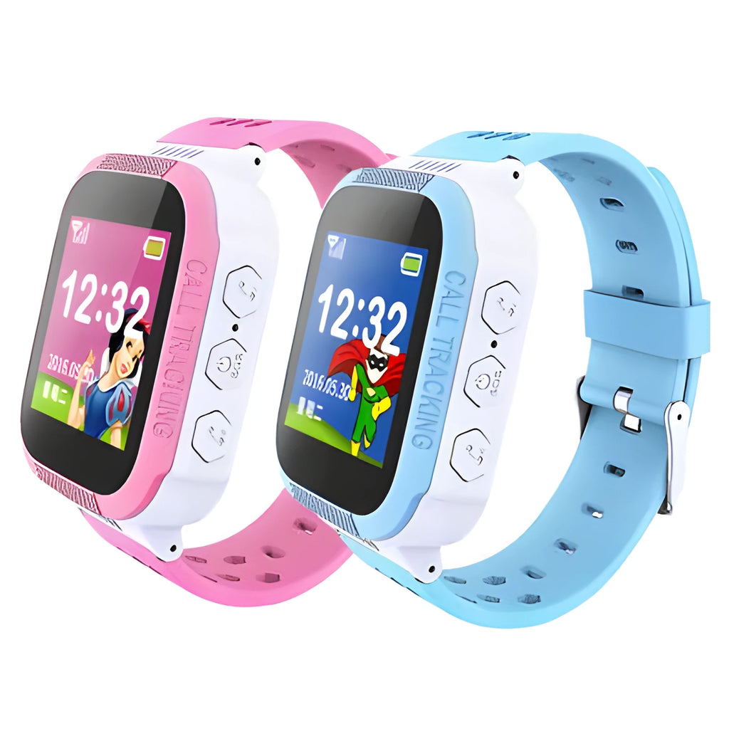 Blue children's phone watch with 1.44-inch IPS screen showing interface display