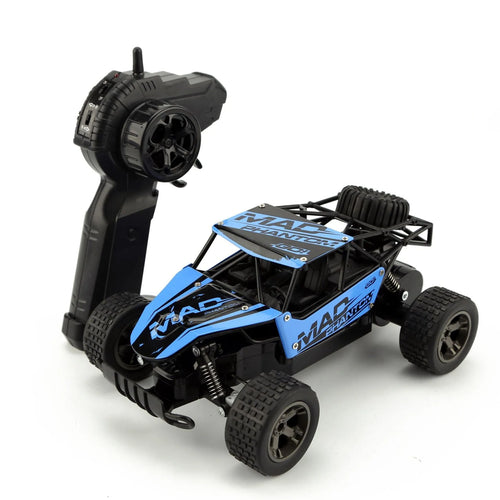 Blue 1:18 scale remote control drift car with 2.4GHz transmitter on a hard surface