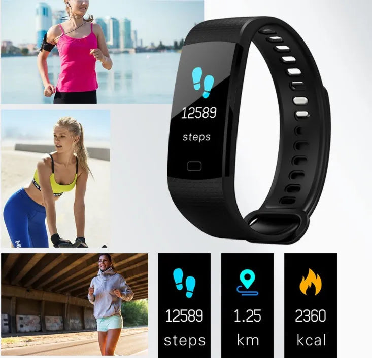 Smart band watch with colour screen and heart rate monitor on wrist, black strap