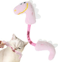 Set of cat toys including plush animals, rope toys, and springs on a pink background