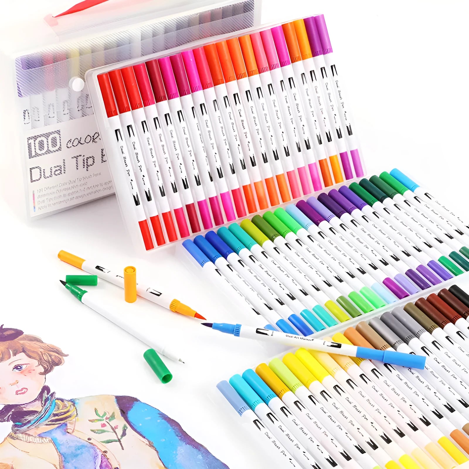Set of watercolour brush pens with brush tips in a case, showing multiple colour options including reds, blues, and yellows.