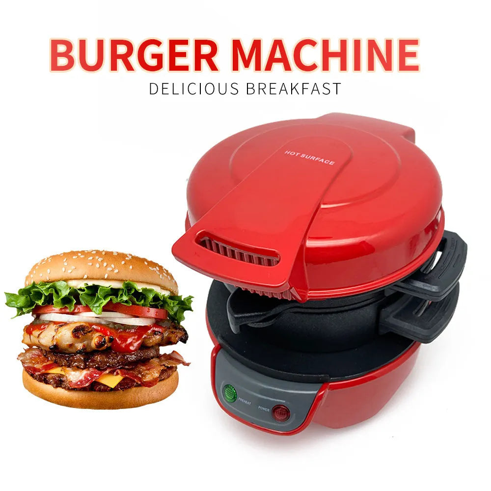 Bright red household breakfast machine with sandwich plates and egg cooker ring on countertop