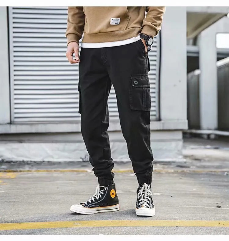 Men's black retro cotton loose cropped overalls with multi-pockets and ankle banded cuffs