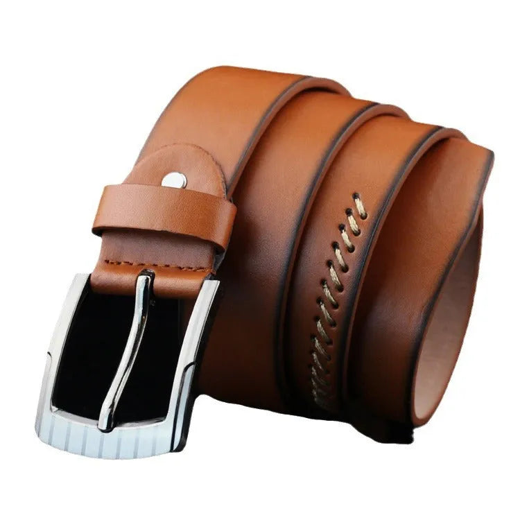 Men's imitation leather casual belt with alloy pin buckle in black, shown at 110cm length