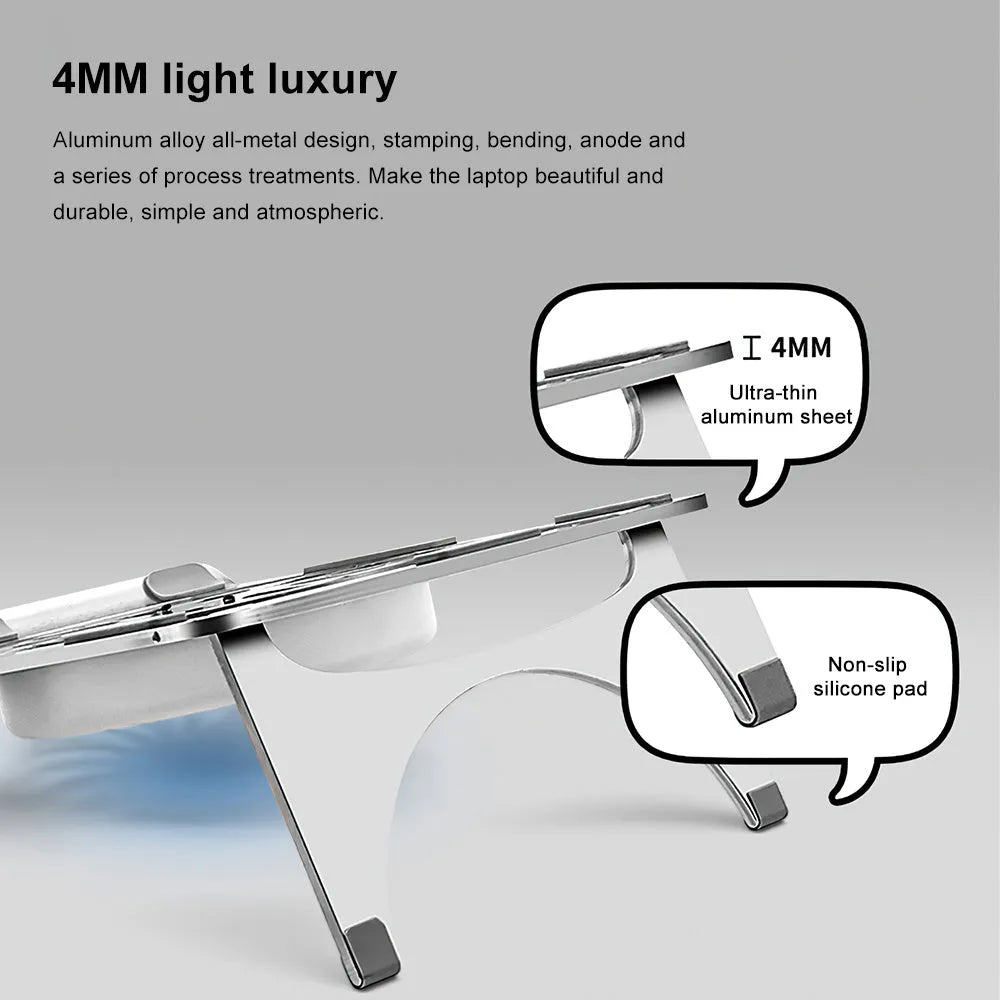 Silver M9 aluminium alloy folding lifting laptop cooling bracket on a desktop
