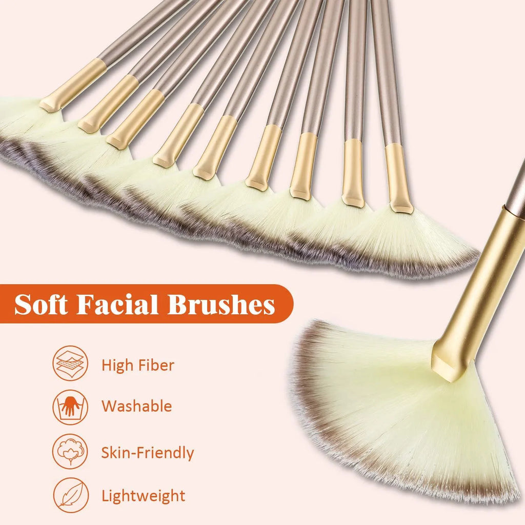 10 professional facial fan brushes with champagne finish acrylic handles and soft fibre bristles