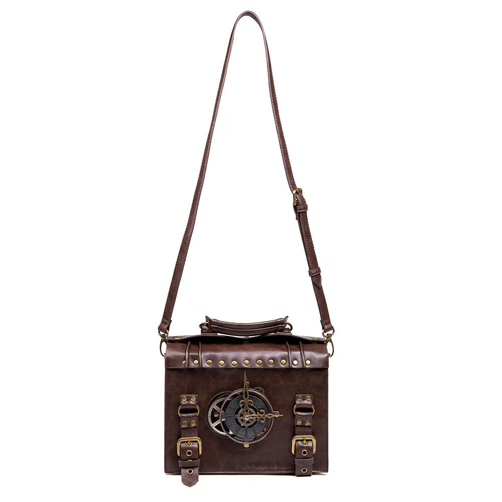 Bronze steampunk industrial retro shoulder bag with metal accents and pillow shape
