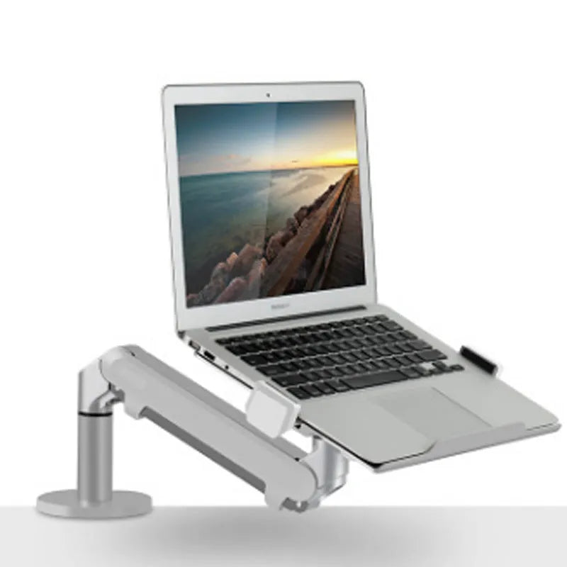 Silver aluminium laptop stand elevating notebook for improved airflow and ergonomic positioning