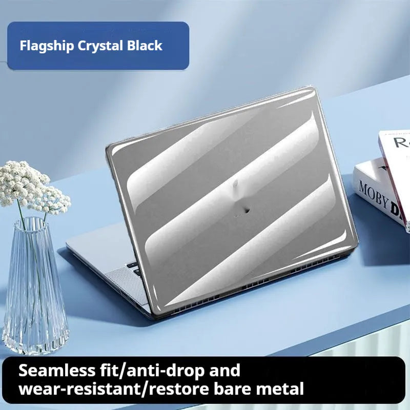 Clear plastic protective shell case on a MacBook laptop in ice crystal transparent colour.